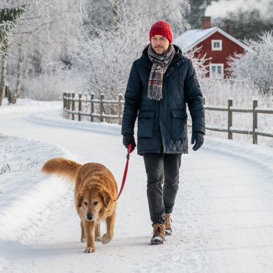 Jag behöver en bild på svensk man på vintern som går på en promenad med sin hund